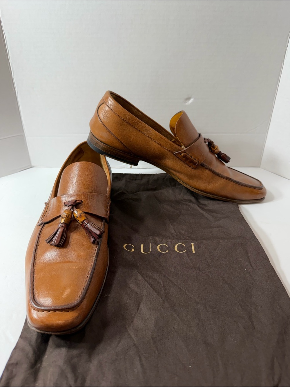 Gucci Bamboo Brown Leather Slip On Tassel Loafers size 11 men